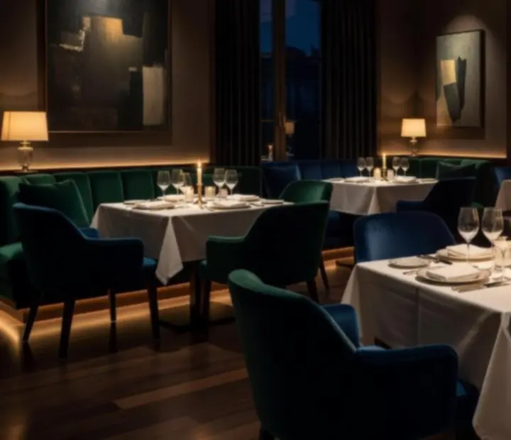 Candlelight interiér restaurace s elegantním nasvícením a decentním designem
