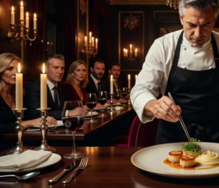 Šéfkuchař připravuje live prezentaci degustačního menu přímo u stolu hostů