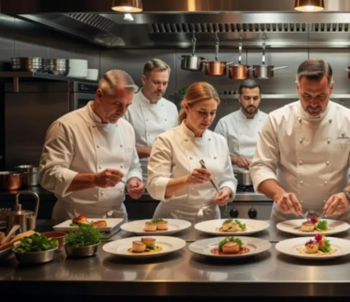 Tým šéfkuchaře v otevřené fine dining kuchyni