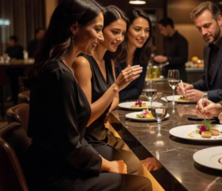 Hosté u Chef’s Table sledující práci šéfkuchaře v otevřené kuchyni.