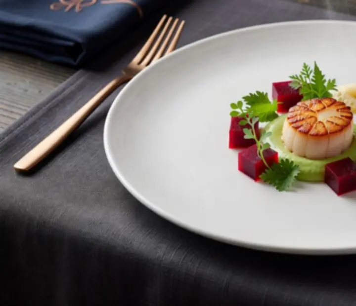 Detailně naservírovaný fine dining pokrm na porcelánovém talíři