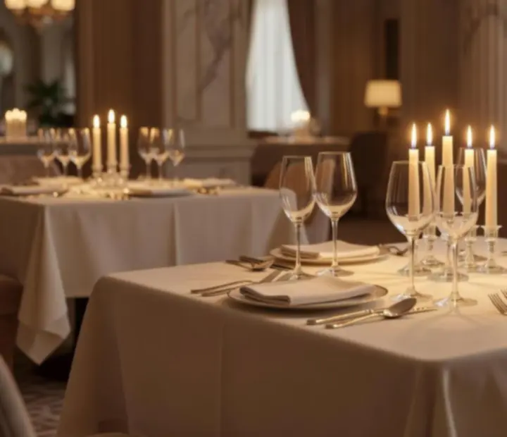 Elegantně prostřený stůl v intimně nasvícené restauraci
