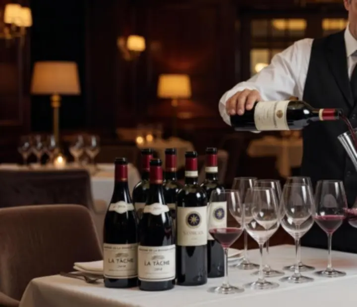 Sommelier nalévající víno do sklenic při večerním servisu