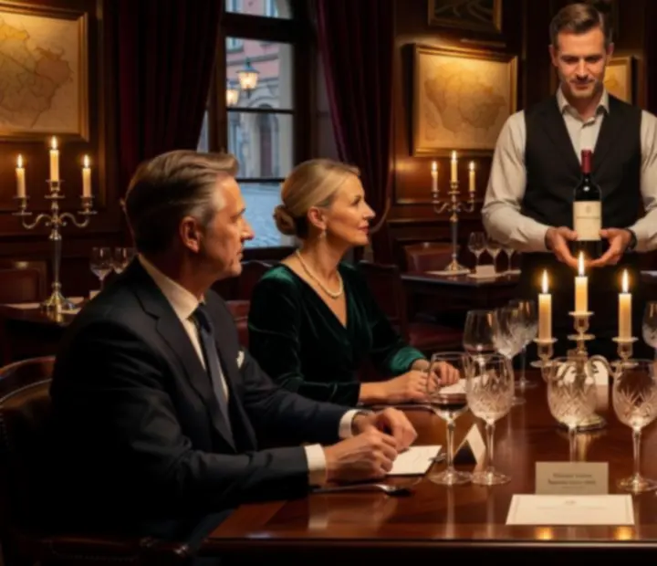 Elegantní vinná degustace s hosty u dlouhého stolu osvětleného svíčkami.